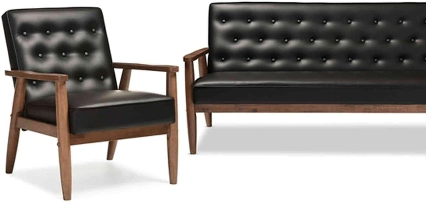 Sorrento Mid-Century Retro Modern Black Faux Leather Upholstered Wooden 3 Piece Living Room Set-3