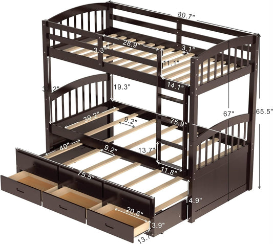 Twin over Twin Bunk Bed with Trundle and 3 Drawers, Solid Wood Bunk Bed Frame with Ladder and Full Guardrails, for Teens, Espresso-1