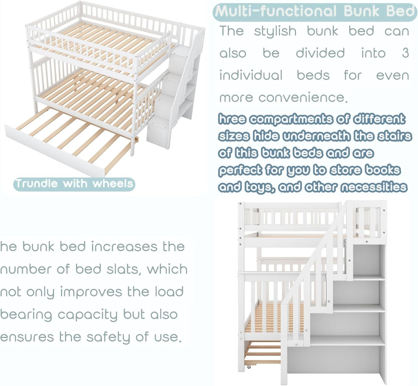 Full over Full Bunk Beds with Trundle and Stairs Stairway Bunk Bed Frame with Storage Shelves for Kids Teens Adult, Detachable Wood Full Bunk Bed for Boys Girls Adults, White-4
