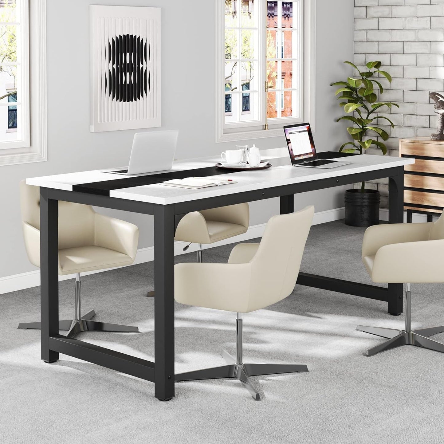 70.8”Executive Desk, Large Office Computer Desk with Thicken Frame, Modern Simple Workstation Business Furniture for Home Office, White/Black-3