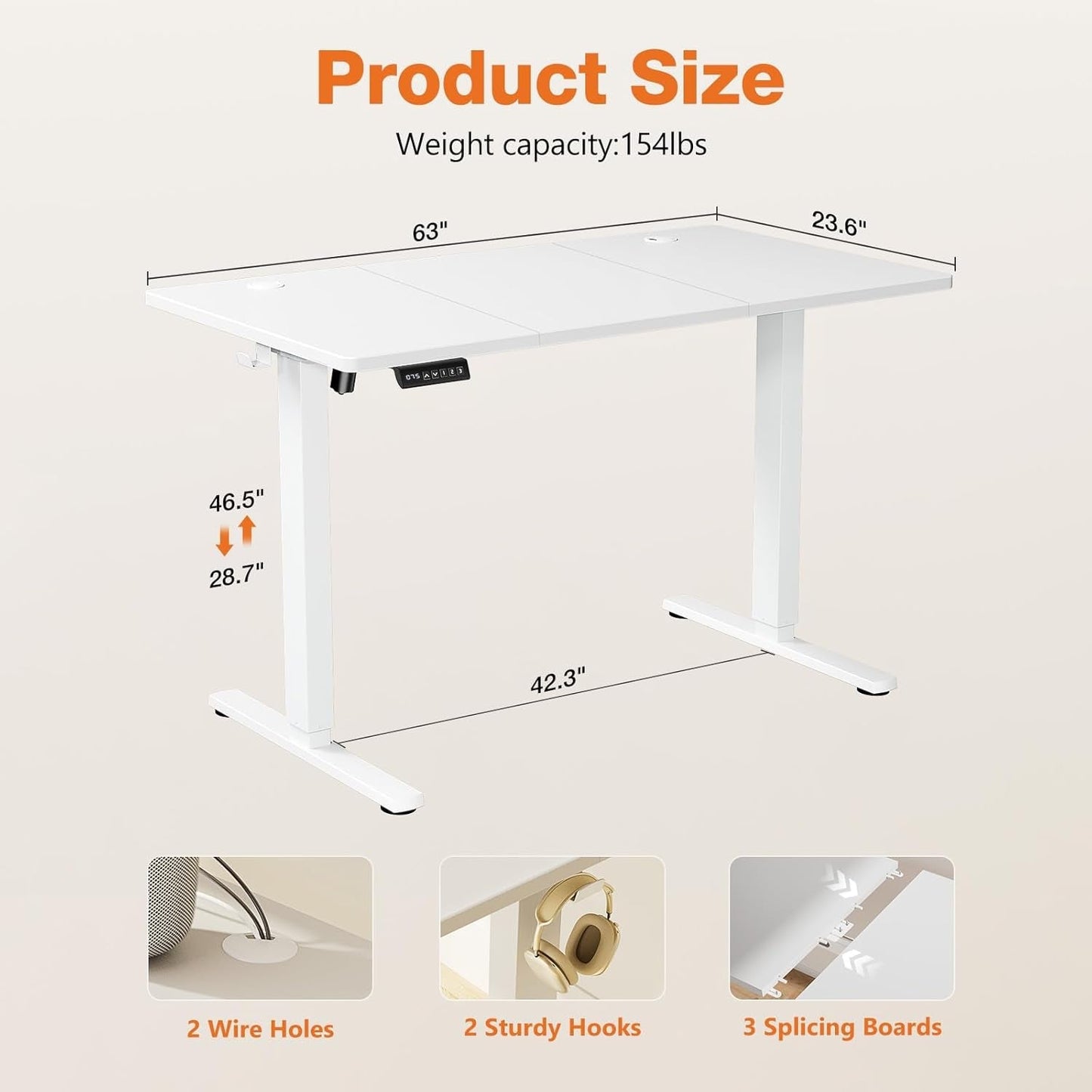 Standing Adjustable Height Desk, Electric 63 X 24 Inch Sit to Stand up Rising Computer Gaming Table with 3 Memory Presets, Splice Board, T-Shaped Bracket Home Office Workstation, White-2