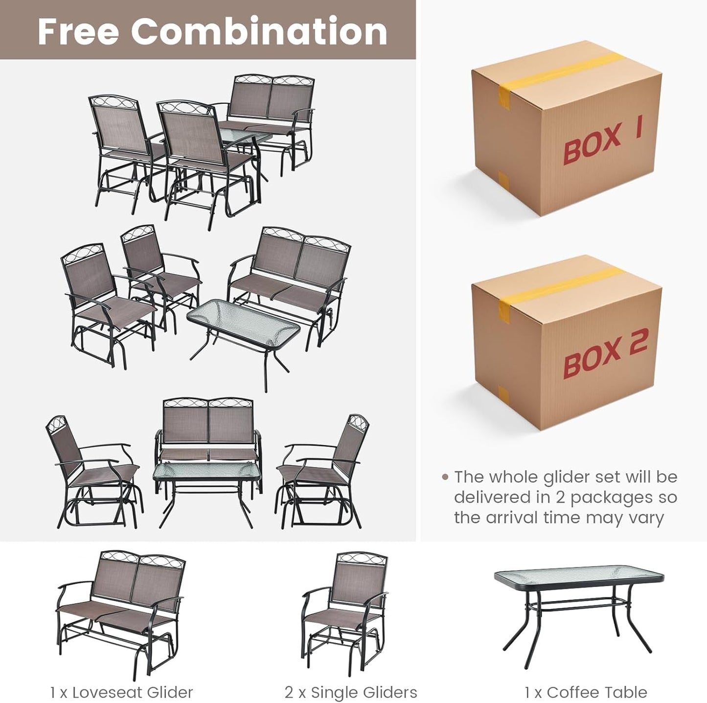 4 Pcs Patio Glider Set, Outdoor Gliding Loveseat W/Tempered Glass Coffee Table, Heavy-Duty Patio Furniture Set for Backyard, Porch, Poolside (4 PCS Patio Glider Set)-4