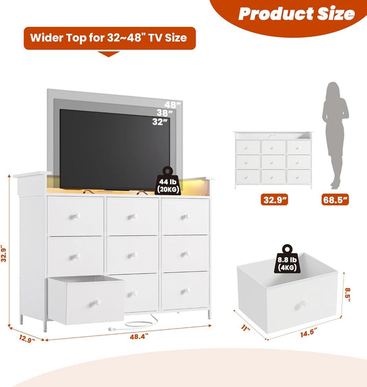 Dresser for Bedroom with 9 Drawer,White Dresser with LED Light,Tv Stand for Bedroom with Charging Station,Chests of Drawers for Bedroom Hallway,Closet (White)-1