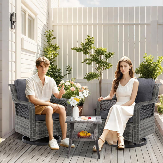 3 Pieces Outdoor Swivel Chair, Wicker Patio Bistro Set with Rocking Chair, Side Table for Garden Porch Backyard(Dark Grey)-1
