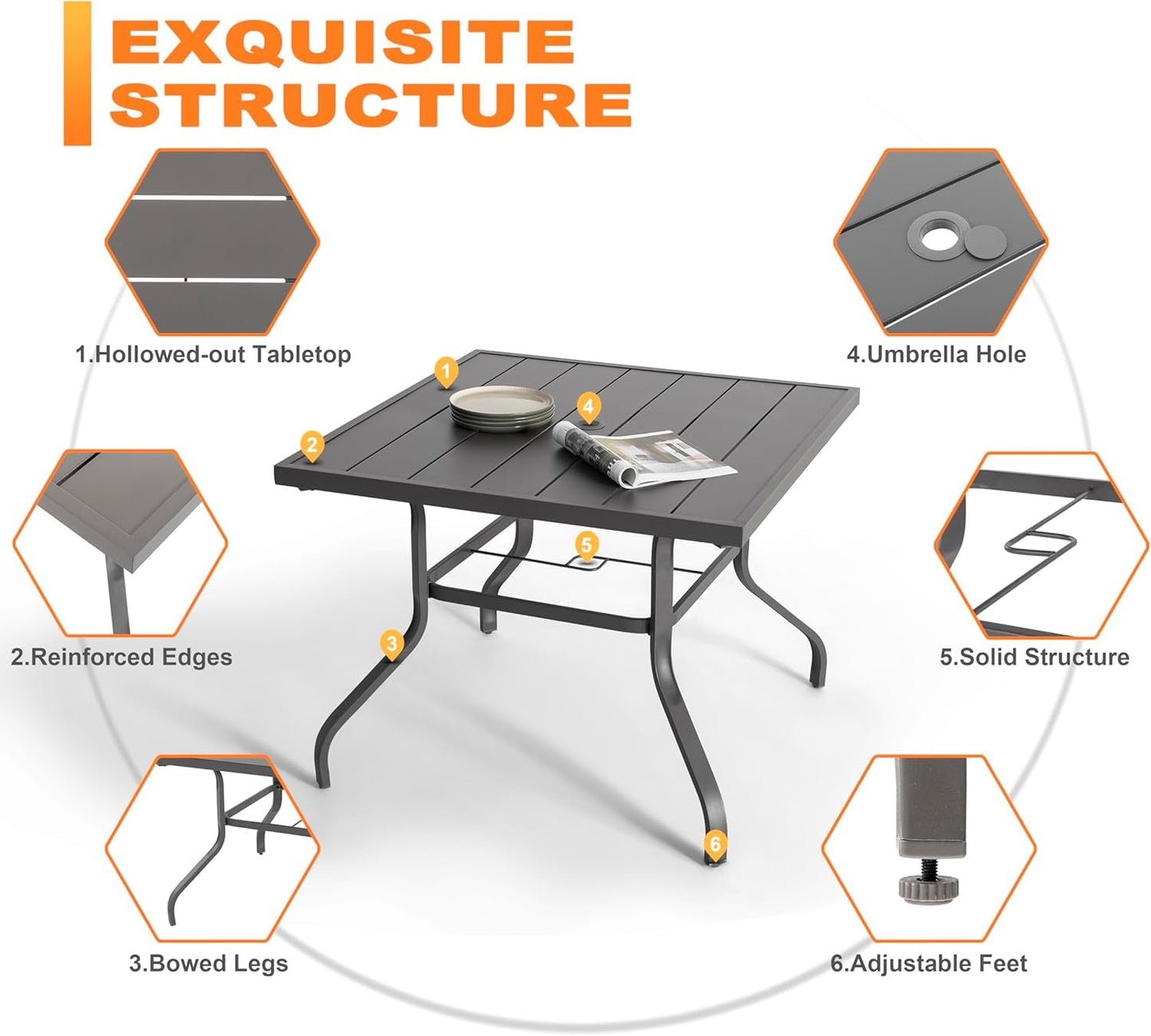 Outdoor Patio Dining Set 5 Piece Furniture Set Including Square Outdoor Dining Table with 1.57" Umbrella Hole and 4 Gray Textilene Chairs for Garden, Patio and Poolside Backyards-4