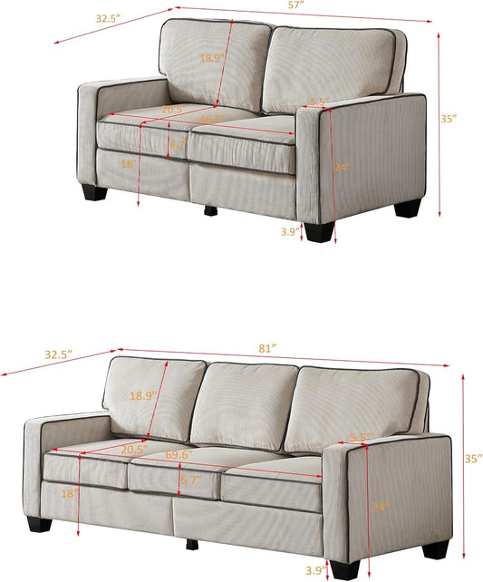 2 Piece Sofa Set,Living Room Furniture Set with Storage & Solid Wood Legs, Corduroy Fabric Upholstered Sofa Set 3-Seat Sofa and Loveseat for Living Room, Bedroom, Apartment-1