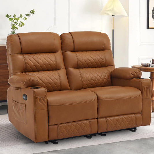 56.3" Power Loveseat Recliner, Electric Reclining Loveseat Sofa with Heat and Vibration, Cup Holders, USB Charge Port, Faux Leather Electric Reclining Sofa Pr622Sets (Saddle, Loveseat)-1