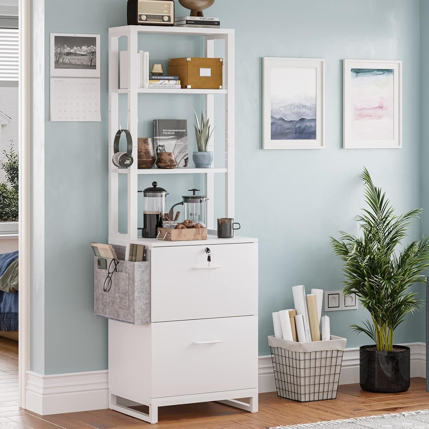 2 Drawer File Cabinet, Filing Cabinet with Lock Fits Letter, Legal, A4 Size, File Cabinets for Home Office with Storage Bag, Open Shelf and Hook, White-2