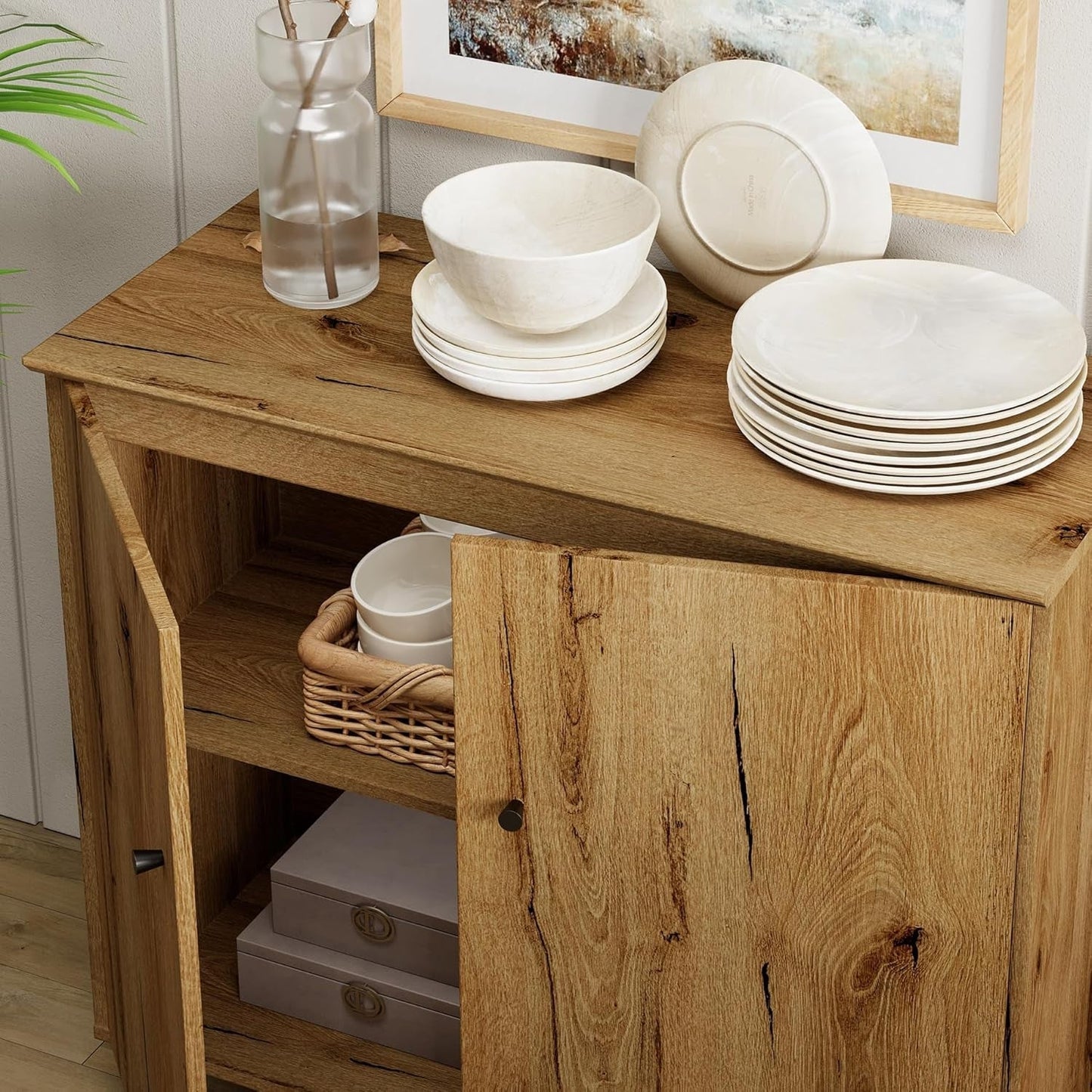 Oak Brown 35" Wide Sideboard Buffet Storage Cabinet-4