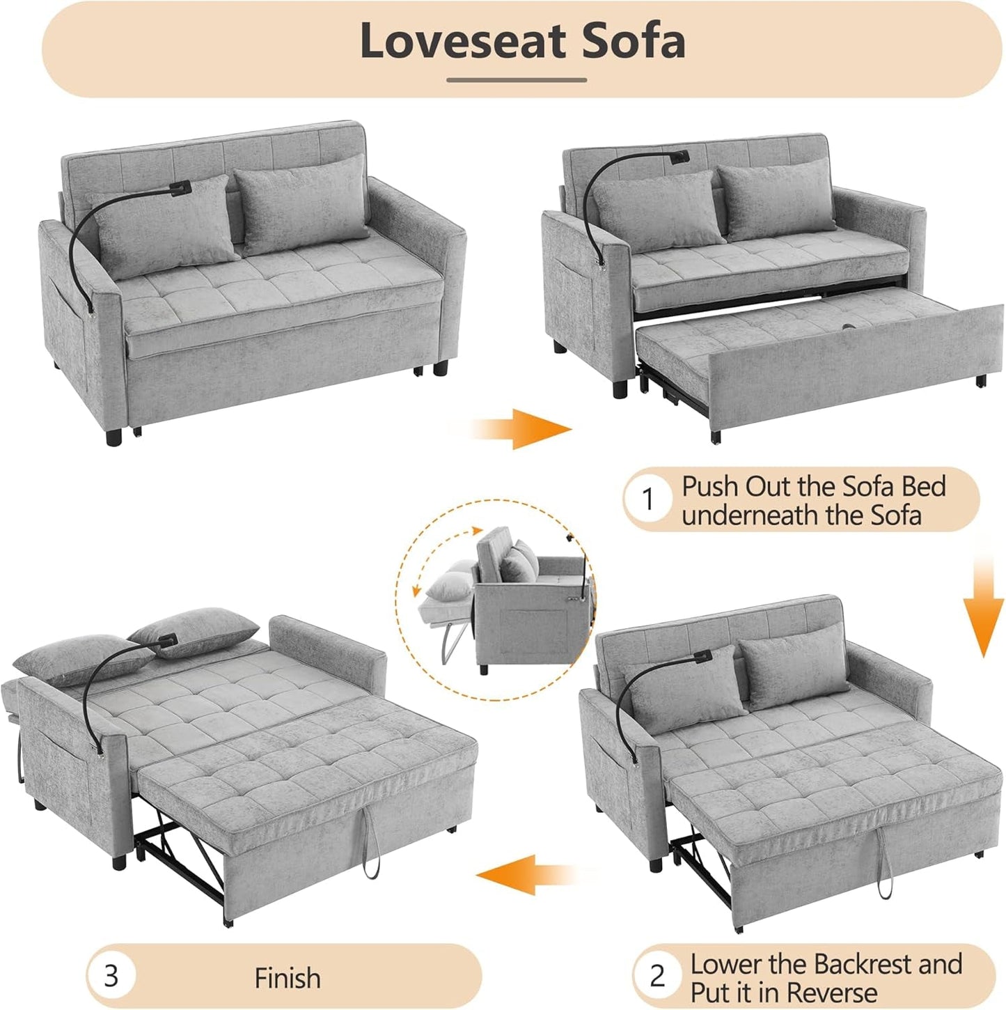 3 in 1 Convertible Sleeper Sofa Bed, Futon Couches for Living Room with USB Ports | Phone Holder| Reversible Backrest | Pull Out Couch |Small Loveseat,Grey-4