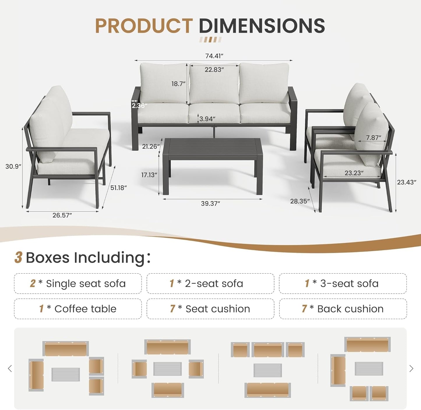 Aluminum Outdoor Furniture Sets with Cushions 5-Piece Sectional Patio Conversation Sofa Set with Coffee Table for Garden, Lawn, Backyard,Deck-4