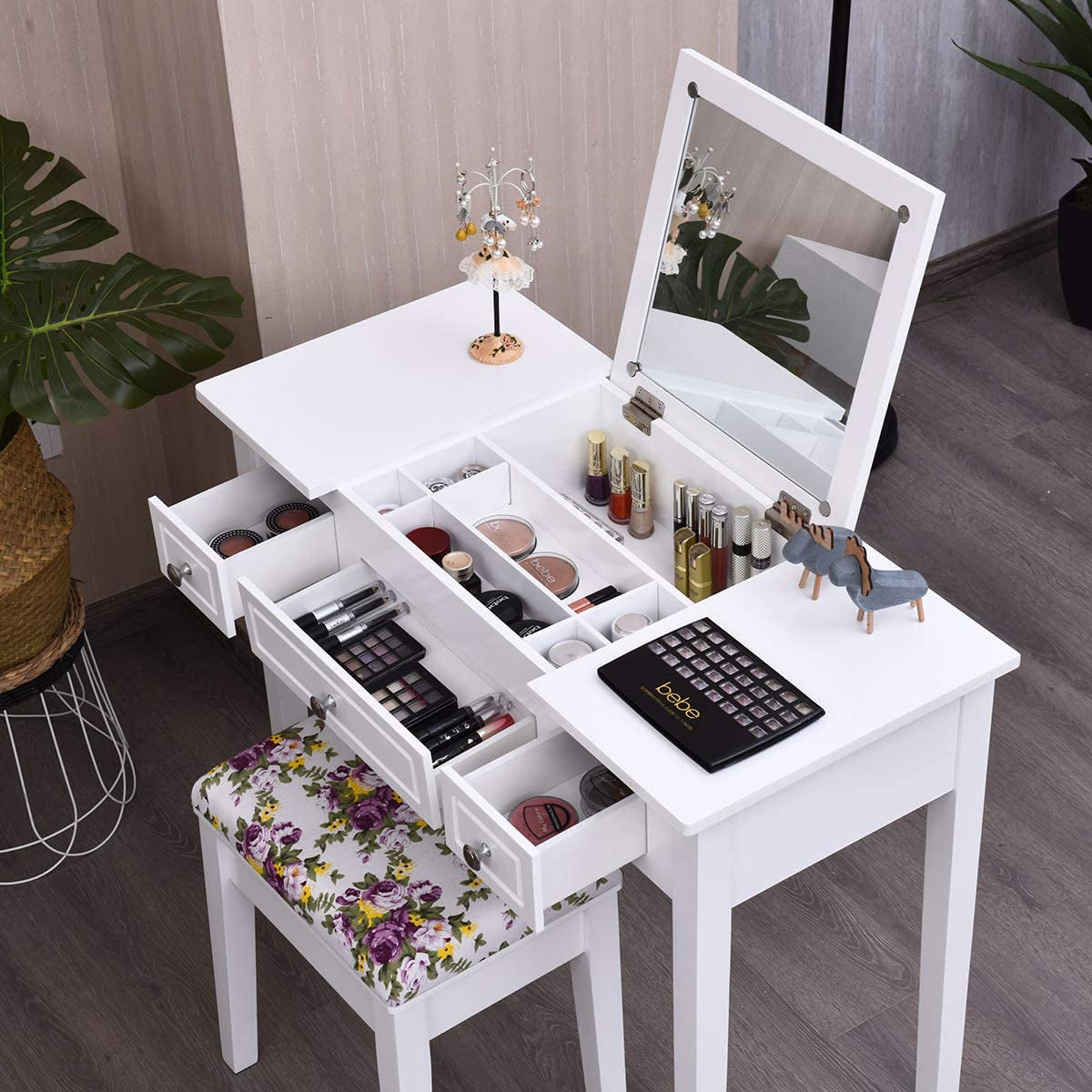 White Vanity Set with Flip Top Mirror and Drawers-2