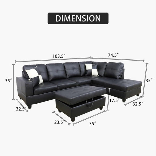Black L-Shaped 3-Piece Faux Leather Sofa with Storage Ottoman Set, Sectional Couch Leather-Like Sofa Set for Living Room, Office, Small Space-1