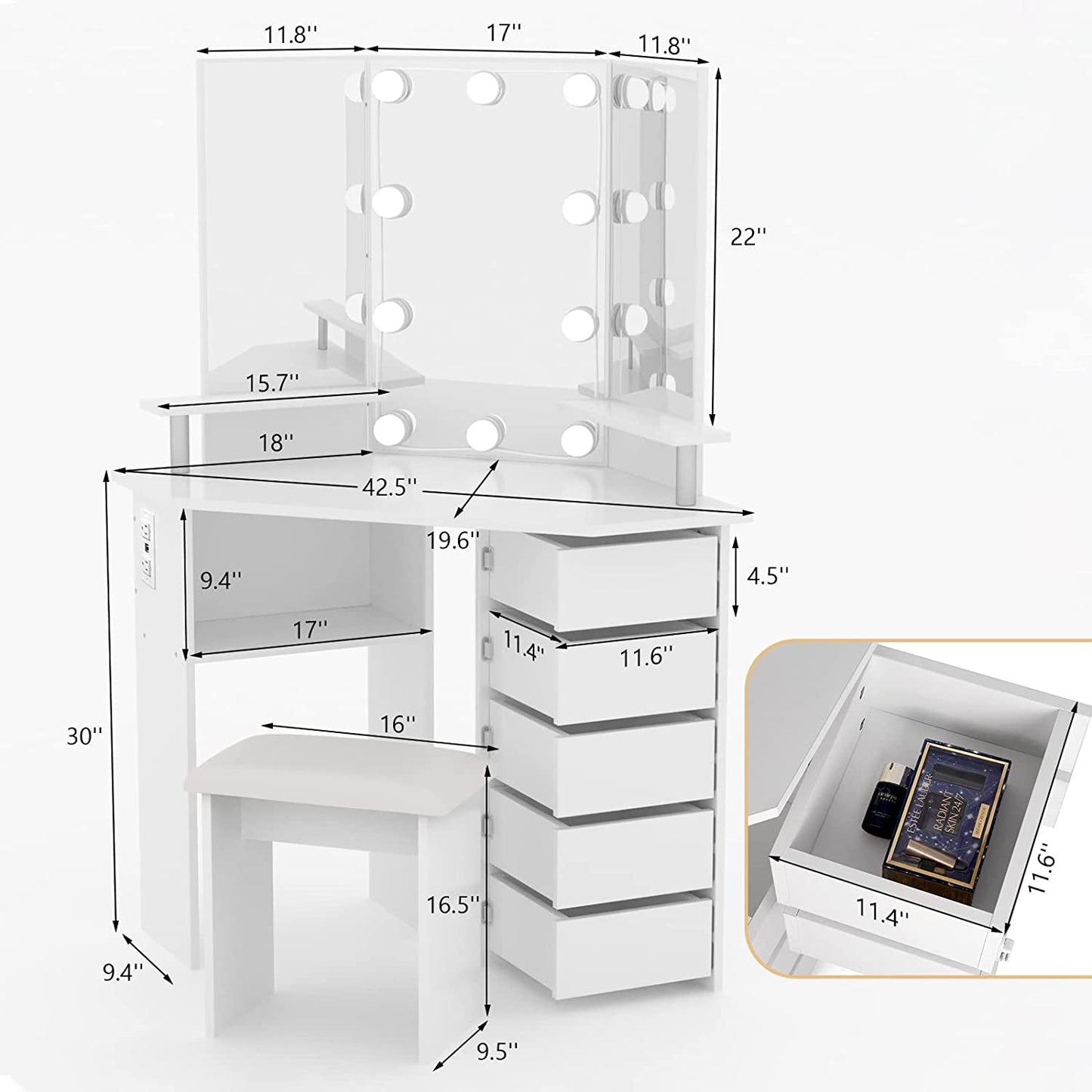 Corner Vanity Desk with Lights and Drawers-2