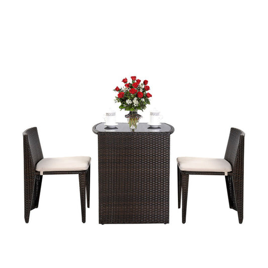 3 Pieces Cushioned Wicker Patio Bistro Set with No Assembly Needed-1