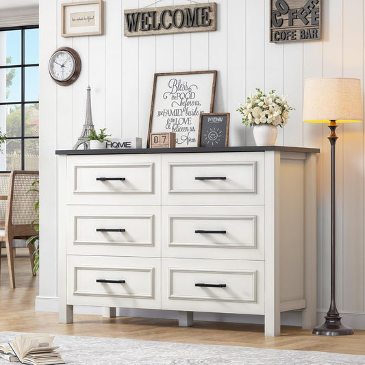 6-Drawer Dresser with Built-In Power Outlet, Wood Dresser TV Stand with 6 Large Drawers & Bar Handles, Dresser Chest of Drawers for Entryway Living Room Hallway, White & Black-1