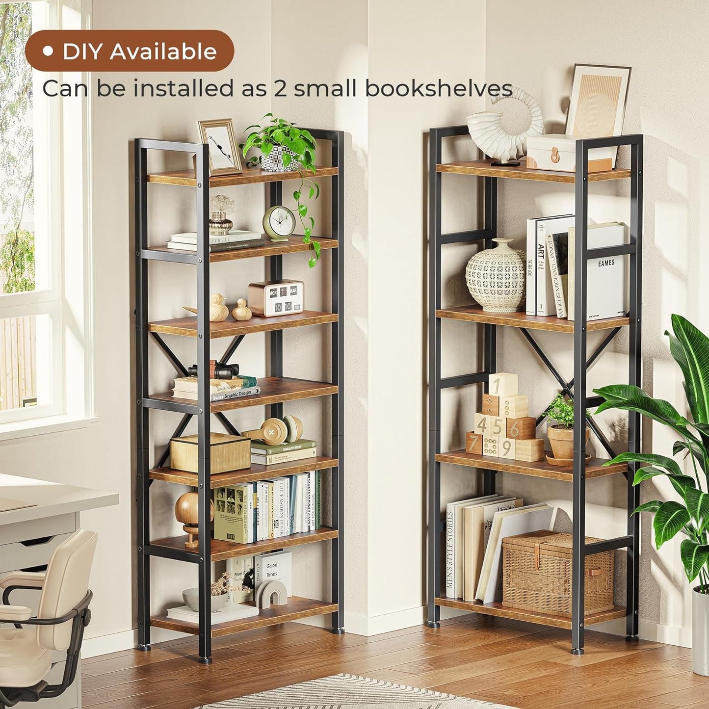 Triple 4 Tier Bookshelf, Bookcase with 11 Open Display Shelves, Wide Book Shelf Book Case for Home & Office, Rustic Brown-4