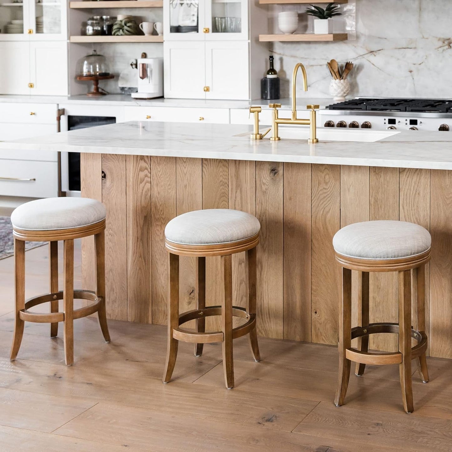 Eva 31 Inch Tall Bar Height Rotating Backless Barstool in Weathered Oak Finish with Sand Color Fabric Upholstered Seat-1