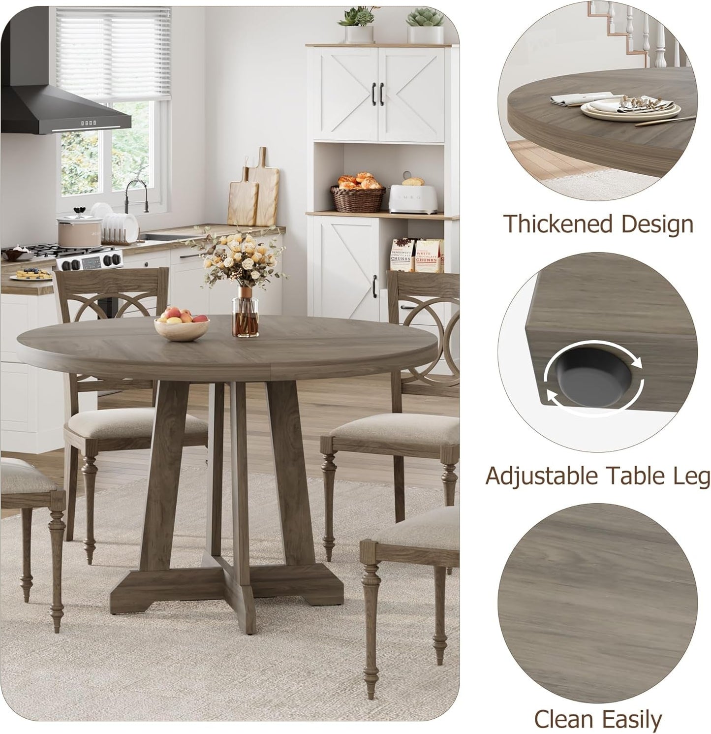 Dining Table for 4 to 6 People, 47 Inch round Wooden Kitchen Table with Sturty Legs, Dining Room Table for Dining Room, Kitchen (Grey)-4