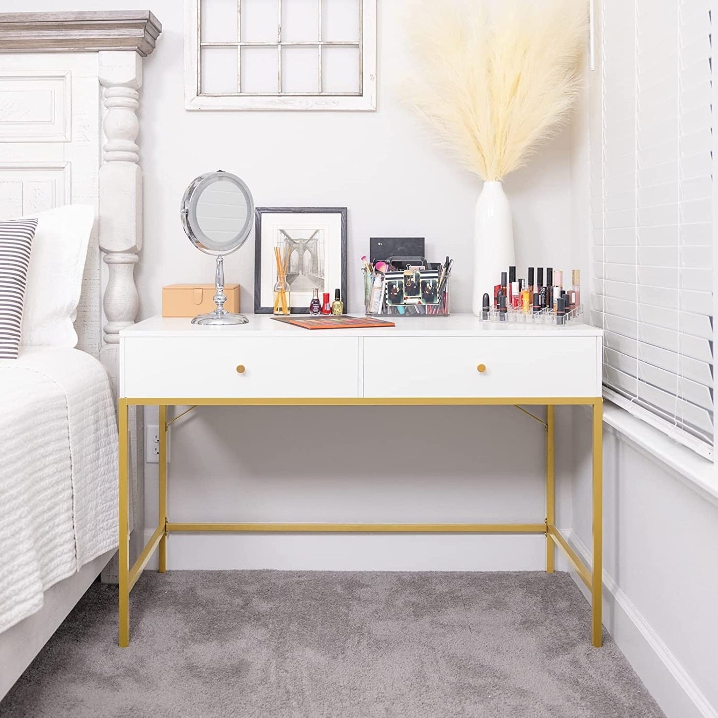 Vanity Desk with Drawers - White and Gold-0