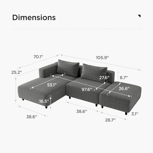Soft Corduroy Sectional Modular Sofa Set, Modern L-Shaped Chaise Couch for Living Room, Apartment, Office, Small Spaces, Grey-1