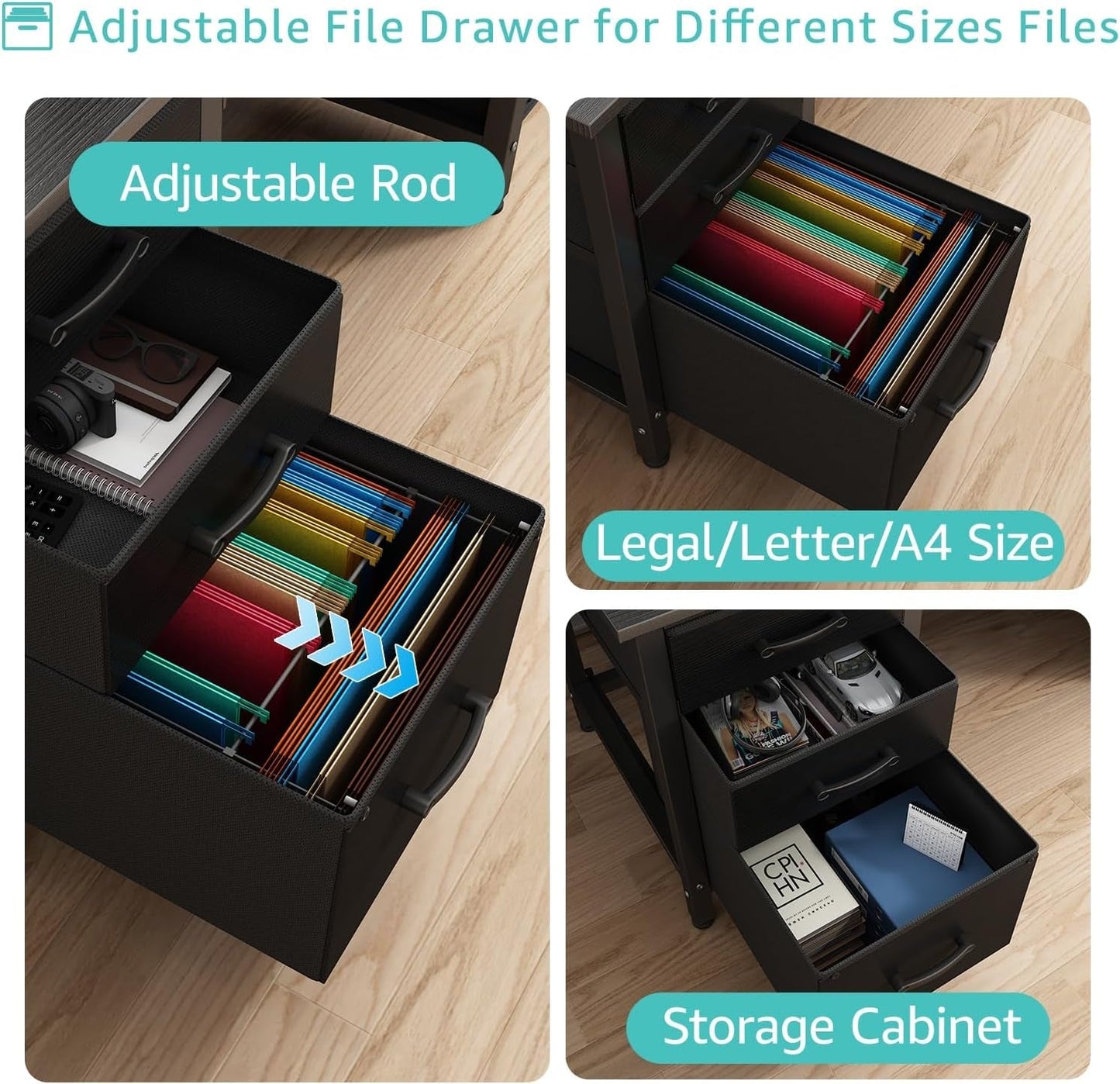 Computer Desk with File Drawers Cabinet, 47 Inch Home Office Desks with Filing Cabinet for Small Space, Gaming Study Writing Table PC Desks, Black-4