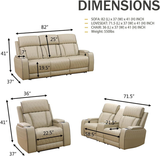 Power Reclining Sofa Set, Living Room Furniture Set with USB Ports, Leather Recliner Couches Set for Living Room/Apartment/Office/Home Theather (Khaki, Sofa+Loveseat+Chair)-1