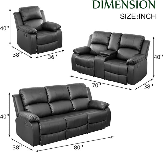 Leather Recliner Sofa Set,Leather Reclining Sofa Set for Living Room Furniture Sets,Black Recliner Couch Set for Living Room/Office/Theater Seating(Sofa Set 3 Pieces)-1