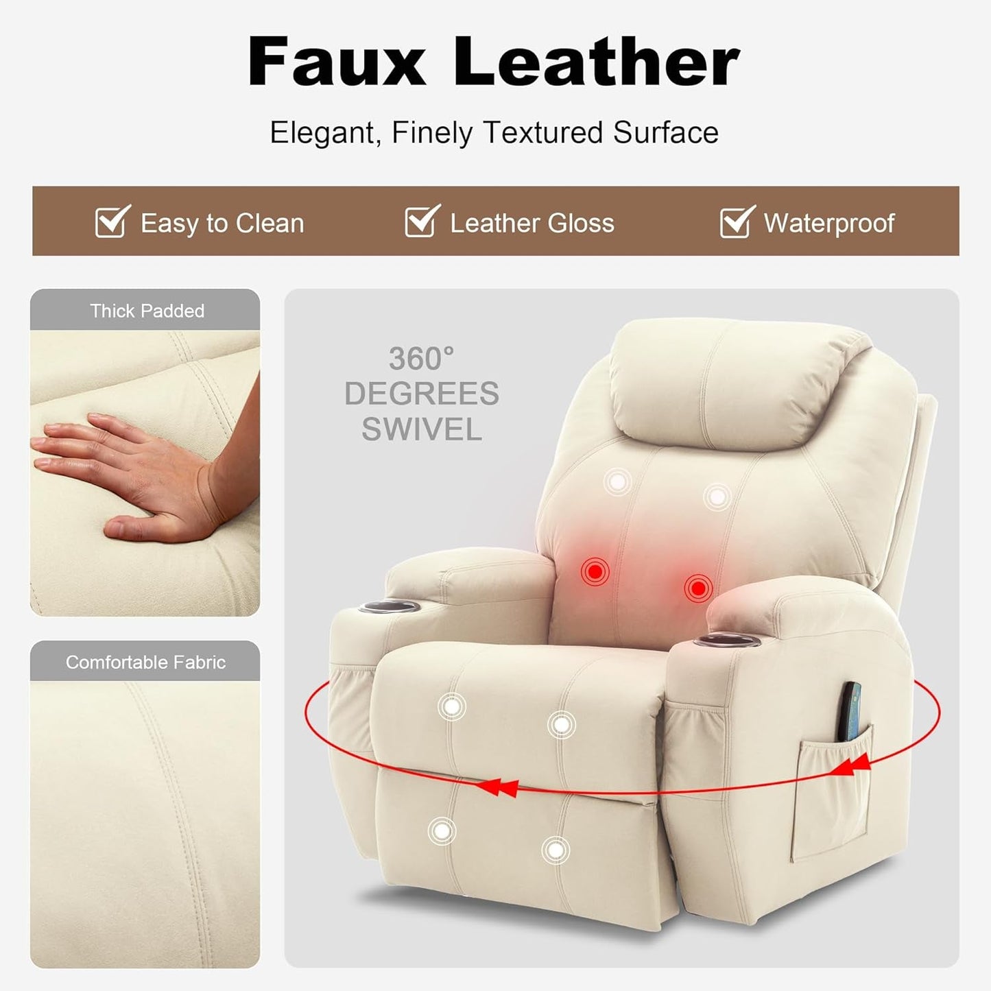 Recliner Chair, Rocking Chair with Massage and Heat, 360° Swivel Recliner Chairs for Adults, Rocker Manual Recliner with Remote Control and Cup Holder for Living Room, Bedroom, Nursery-4
