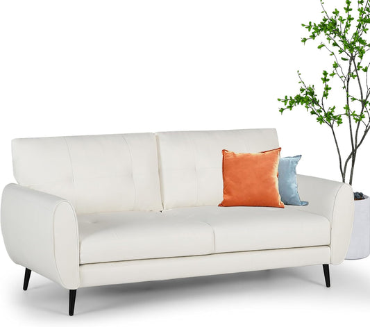 White Leather Loveseat: Mid-Century Modern, Button-Tufted-1
