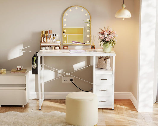 32-Inch Small Vanity Desk with Fabric Drawers and Charging Station, Kids Girls Teen Study Writing Desk for Bedroom, Home Office Computer Desk with Storage Shelf & Bag for Small Space, White-1