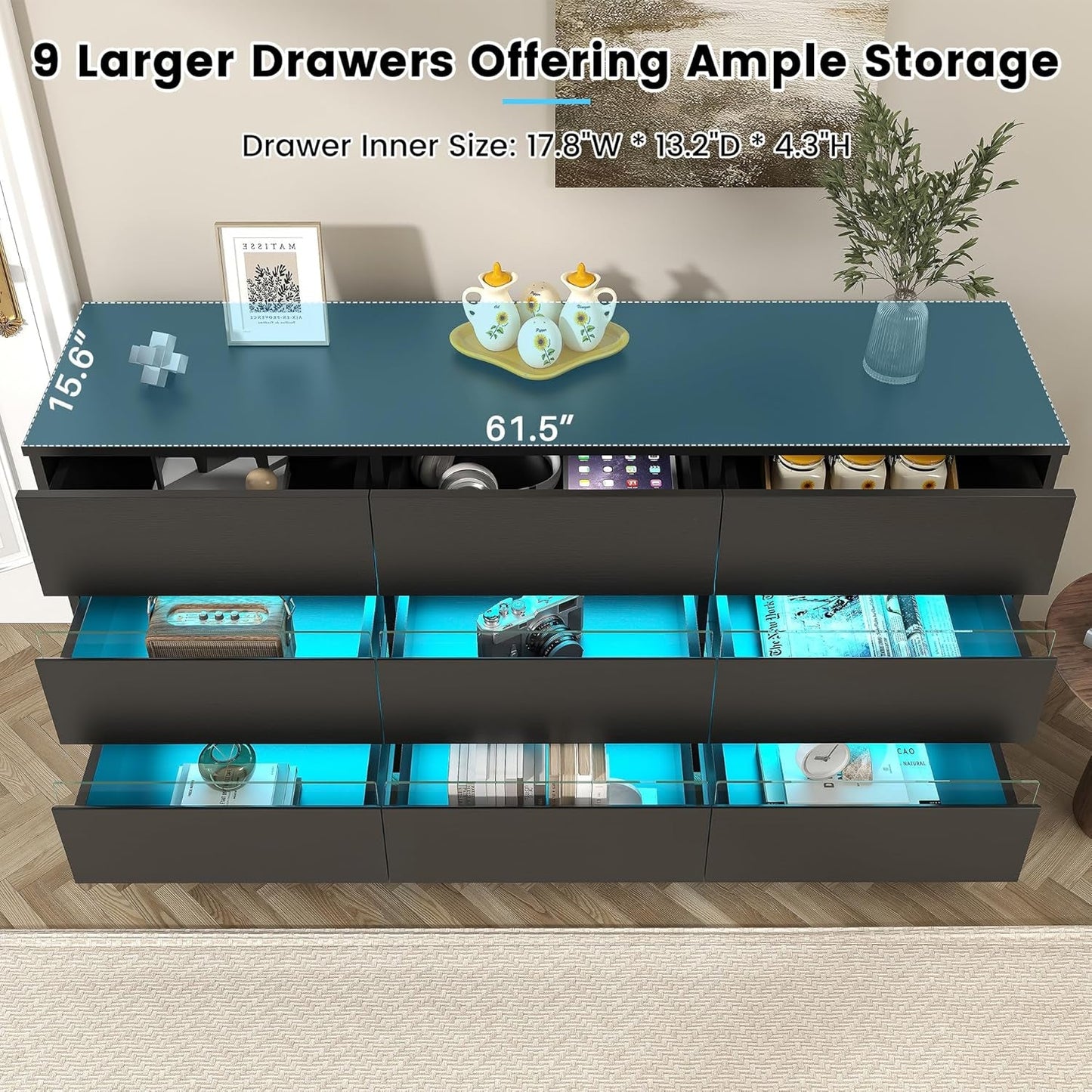 9 Drawer Dresser for Bedroom, Black Dresser with Embedded Handle, Modern Wood Dresser for Bedroom, Living Room, Hallway-3