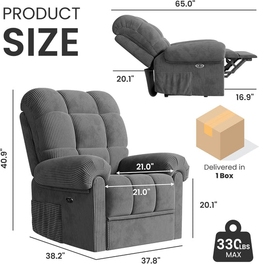 Upgraded Power Recliner Chair for Adults, Adjustable Electric Chair Power Reclining Sofa, USB Port, Ultra-Comfy Corduroy Recliner for Living Room, Tool-Less Assembly Single Sofa Gray-1
