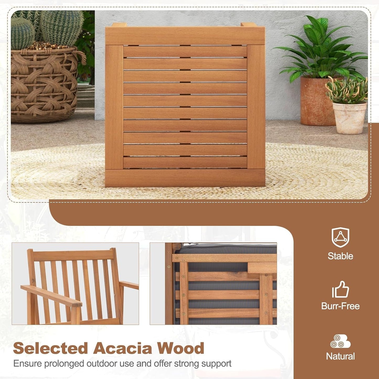 3 Pieces Patio Wood Furniture Set, Acacia Wood Chairs and Coffee Table Set with Soft Cushions, Slatted Design, Outdoor Furniture Set for Porch, Yard, Balcony (Grey)-4