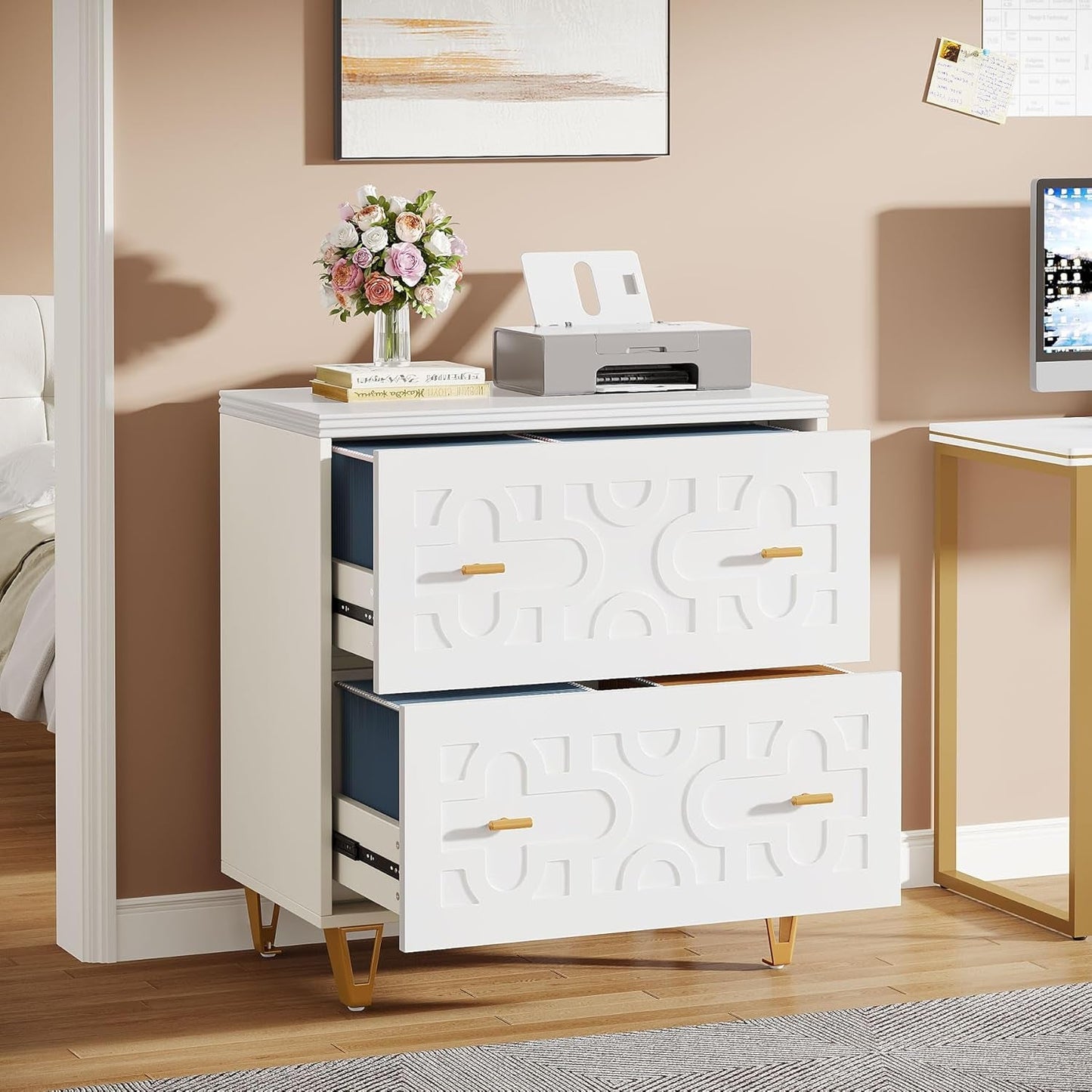 2-Drawer Lateral File Cabinet, Modern White Filing Cabinet for Legal/Letter/A4 Size, Large Storage Filing Cabinet Printer Stand for Home Office, White and Gold-2