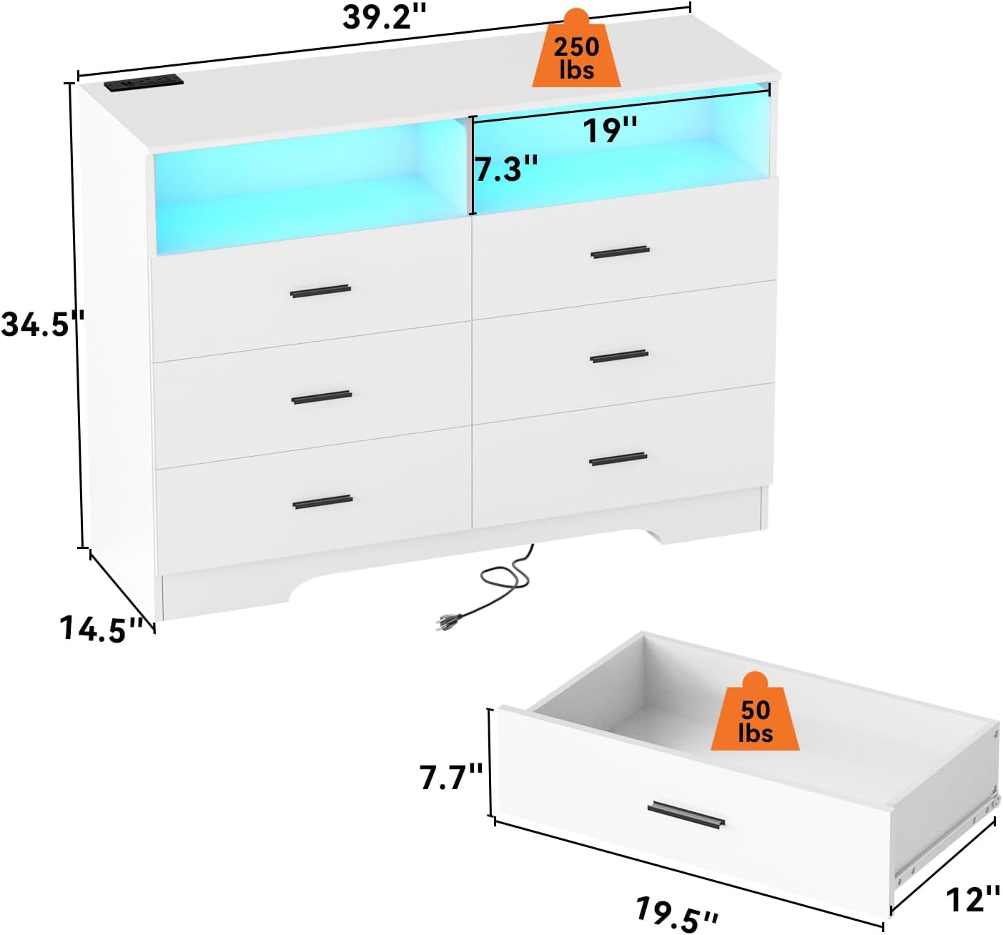 Dresser with Power Outlets and LED Lights Wooden 6 Drawer Dresser with Large Organizer Tall White Dresser for Bedroom Chest of Drawers Closet Modern Dresser for Living Room Kids Room-2