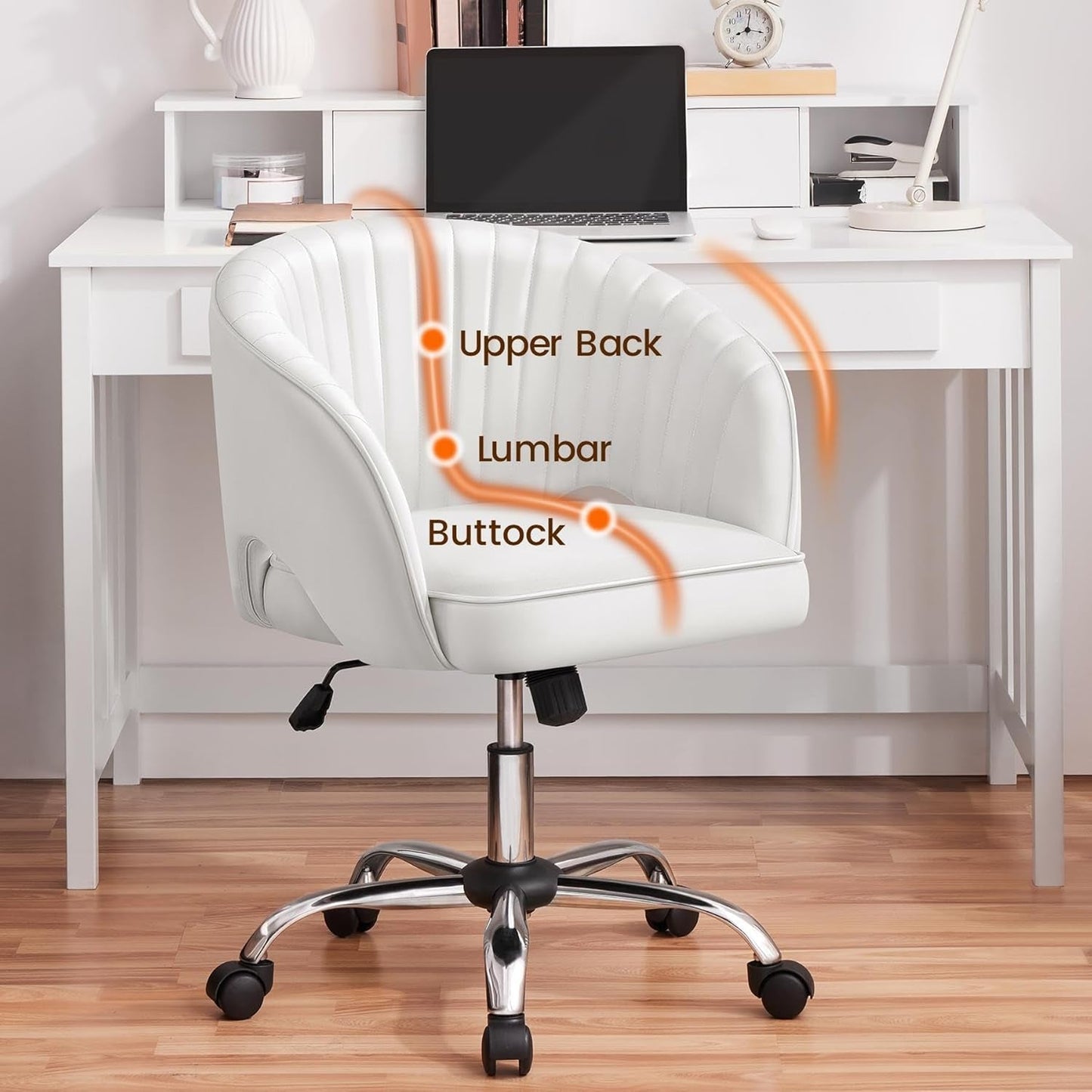 Home Office Chair, Faux Leather Desk Chair, Modern Swivel Chair with Tufted Barrel Back, Rolling Wheels for Office,Study, Vanity, Bedroom White-4