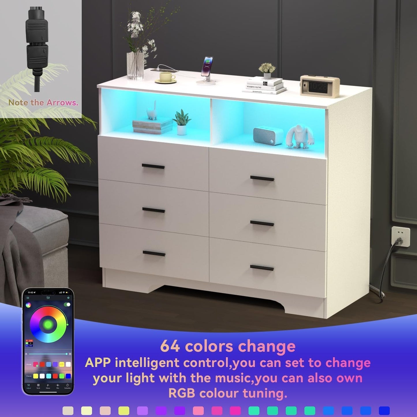 Dresser with Power Outlets and LED Lights Wooden 6 Drawer Dresser with Large Organizer Tall White Dresser for Bedroom Chest of Drawers Closet Modern Dresser for Living Room Kids Room-4