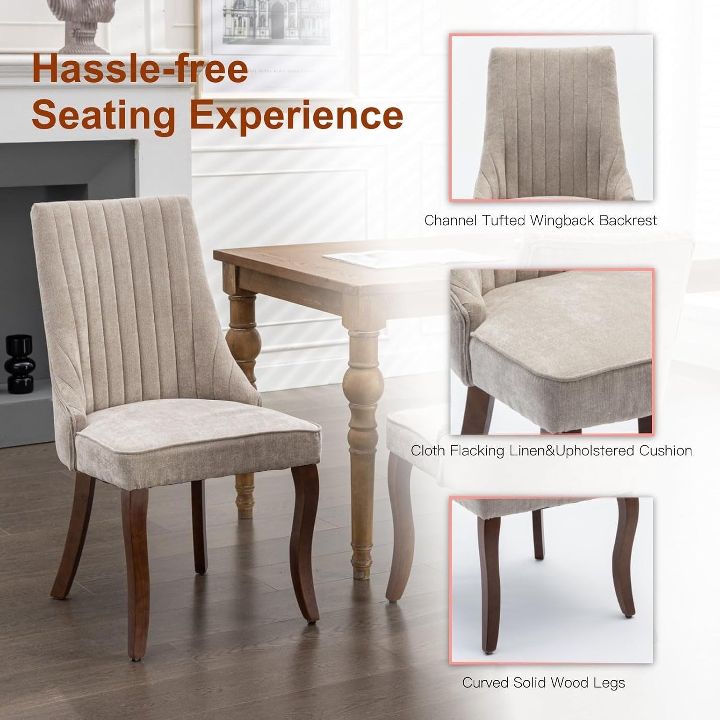 Velvet Dining Chairs Set of 4,Comfy Fabric Upholstered Accent Chairs for Kitchen Living Room,Channel Tufted Dining Room Chairs with Curved Solid Wood Legs(Beige)-4