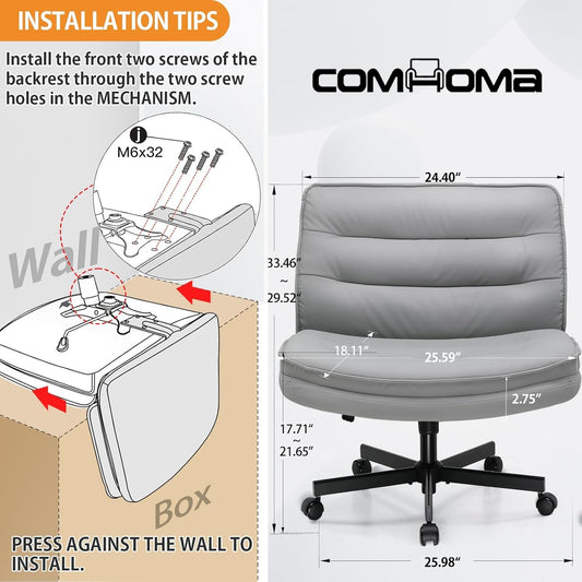 Criss Cross Chair with Wheels, Armless Wide Cross Legged Office Chair Mid Back, Modern Home Office Desk Chair Swivel Adjustable Vanity Computer Chair, Gray-1