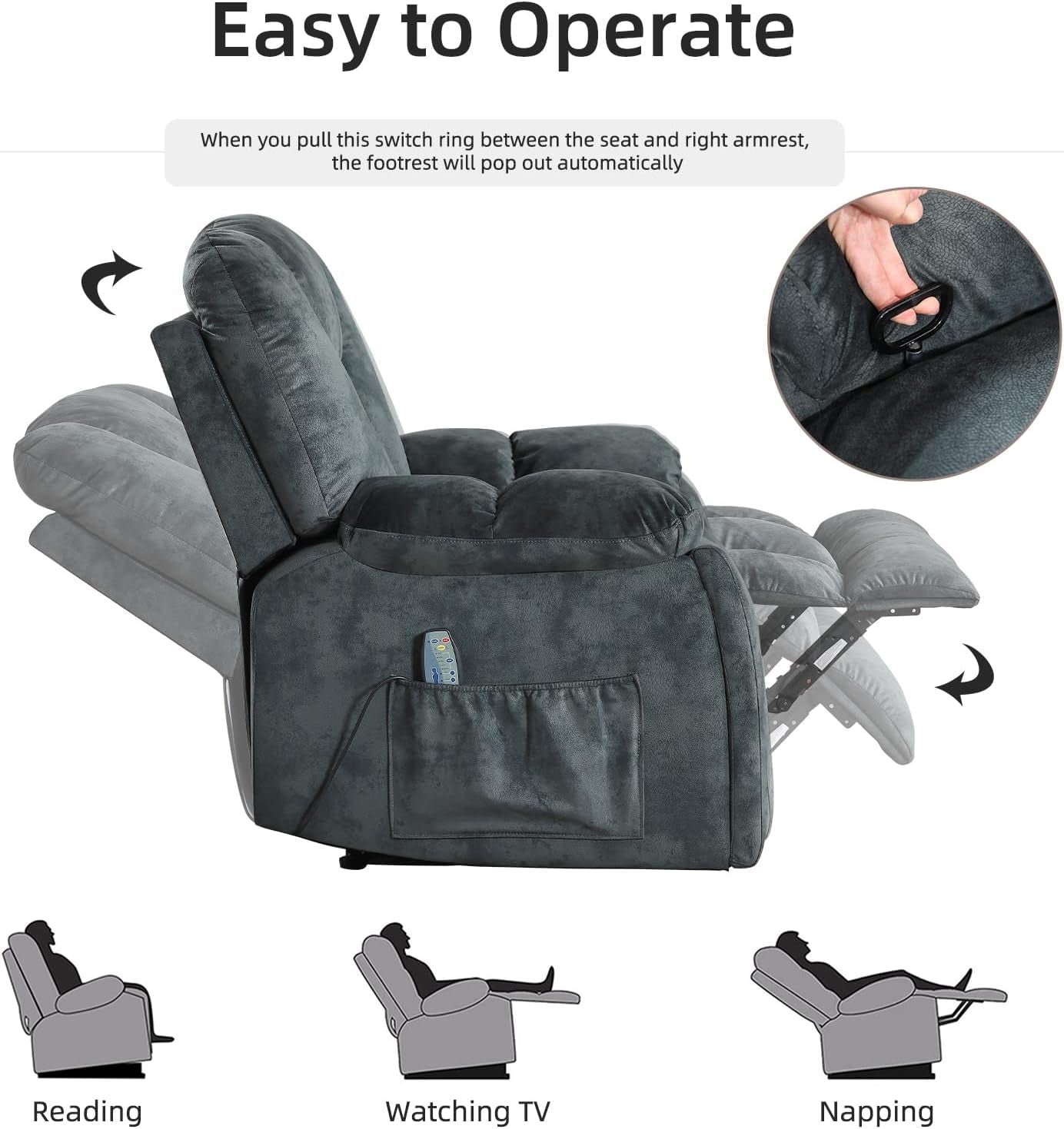 Reclining Living Room Set, Soft Fabric Manual 2 Piece Recliner Sofa Set, Included Recliner Chair with Massage and Heat and Loveseat Daul Recliner, Green Grey(Recliner+Loveseat)-3