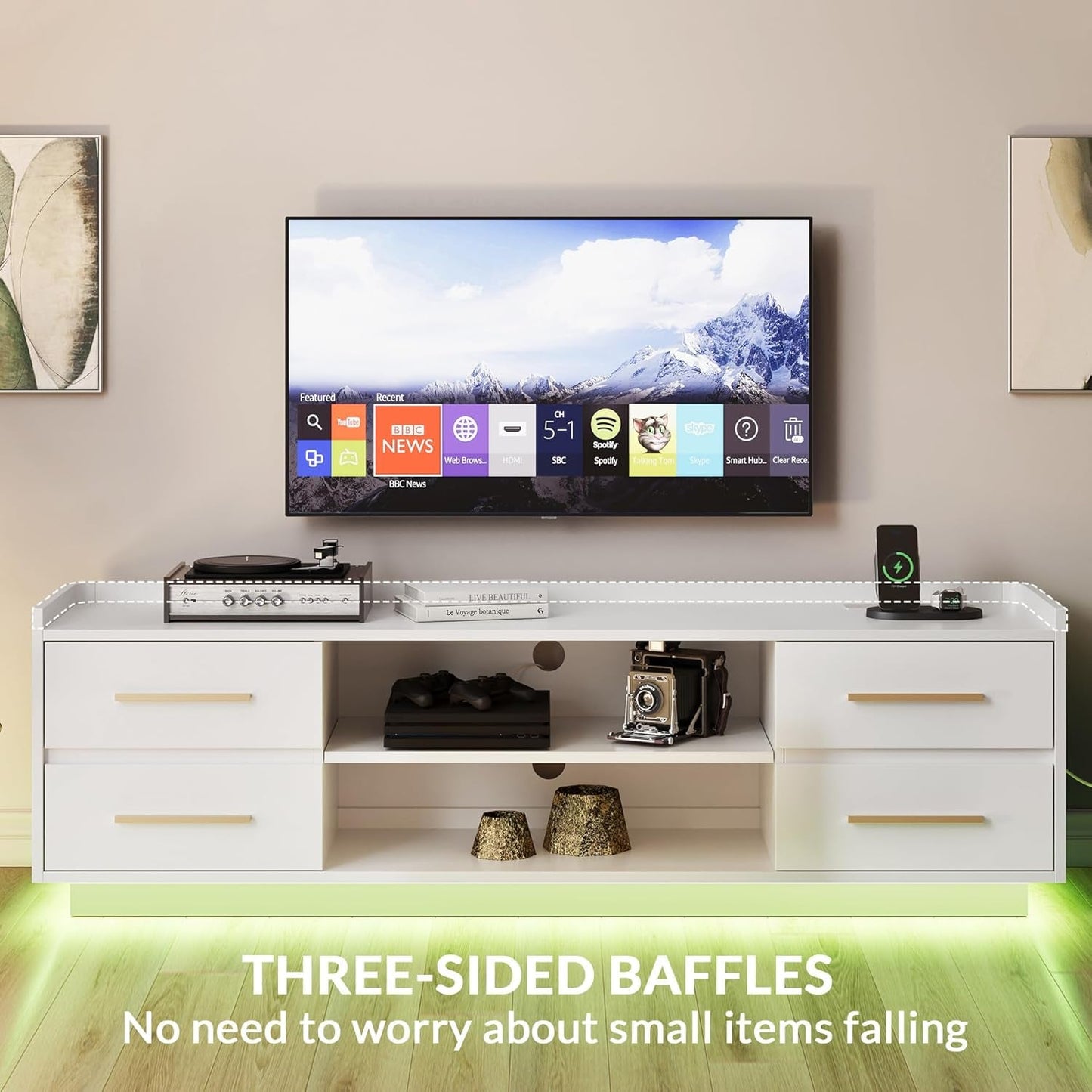 66" TV Stand for Tvs up to 75", LED Light Entertainment Center with Power Outlet, 4 Drawers and 2-Tier Open Shelves TV Cabinet, TV Console for Living Room, Bedroom - Corrigan (White)-4