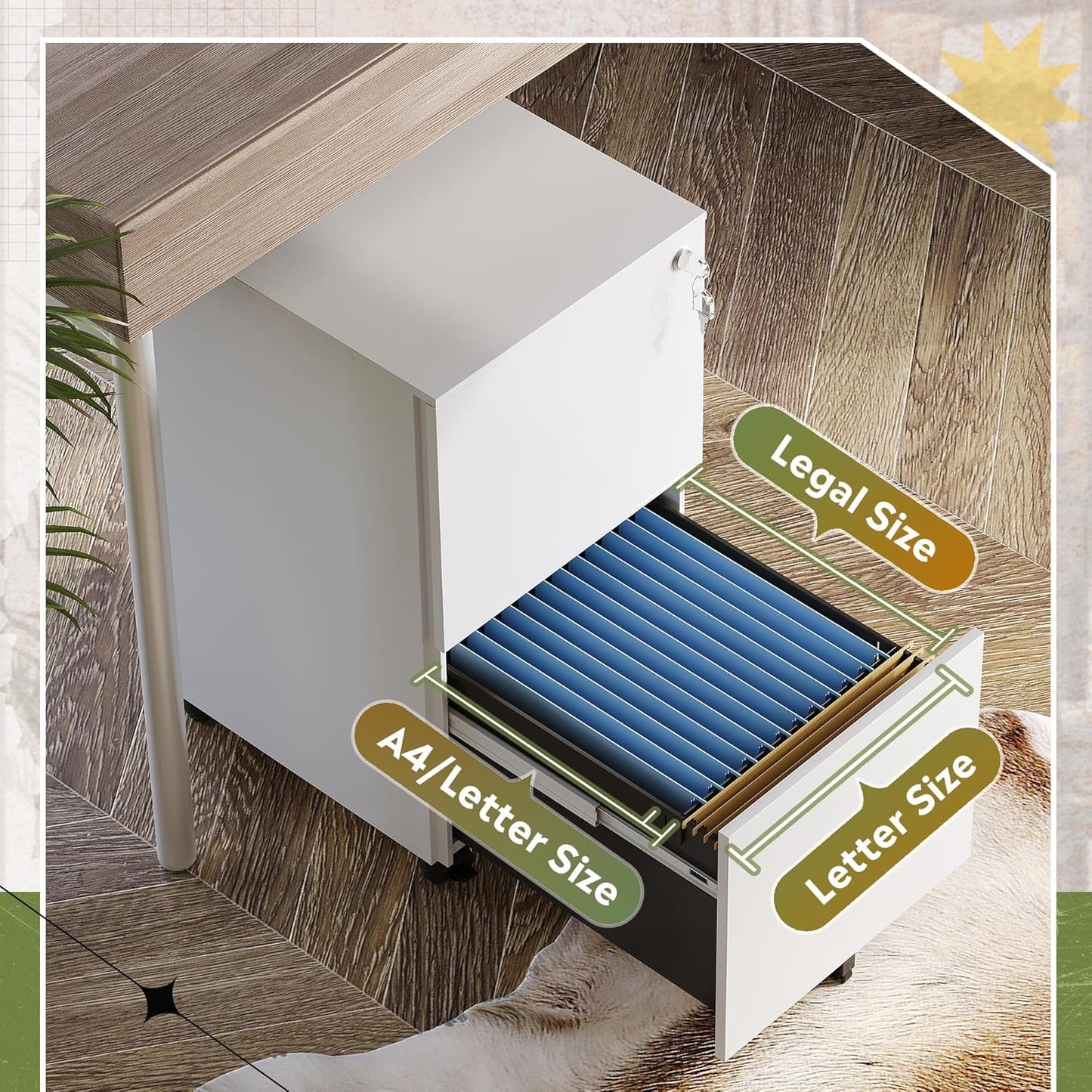 2-Drawer Rolling File Cabinet with Lock, Metal Filing Cabinet for Home Office, Fully Assembled under Desk Cabinet, White-4