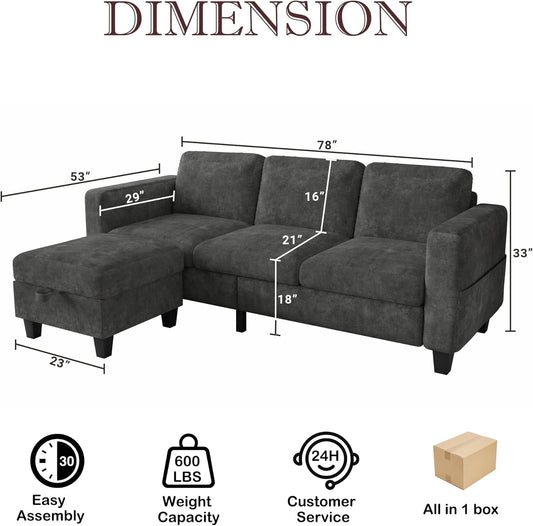 Couch for Living Room - Small Space Couches Sectional L-Shaped Sofa, 3 Seat Modern Couch, Sofas Convertible with Storage Ottoman for Small Space, Bedroom, Offices and Apartments - Grey-1