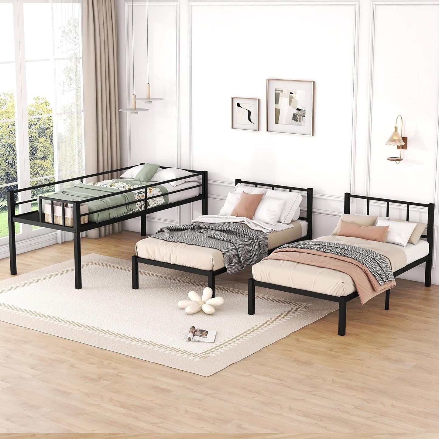 Twin over Twin over Twin Triple Bunk Bed for Kids,3 Bed Bunk Beds for 3,Metal Triple Bunk Beds with Built-In Desk,Separates into 3 Twin Beds,Noise Reduced Structure,Black-3