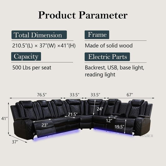 Power Recliner Sectional Sofa Set, Leather Sectional Sofa Sets for Living Room, Power Reclining Sectional Couch with Led Lights, Cup Holder, Wireless Charging, Hidden Storage, Black-1