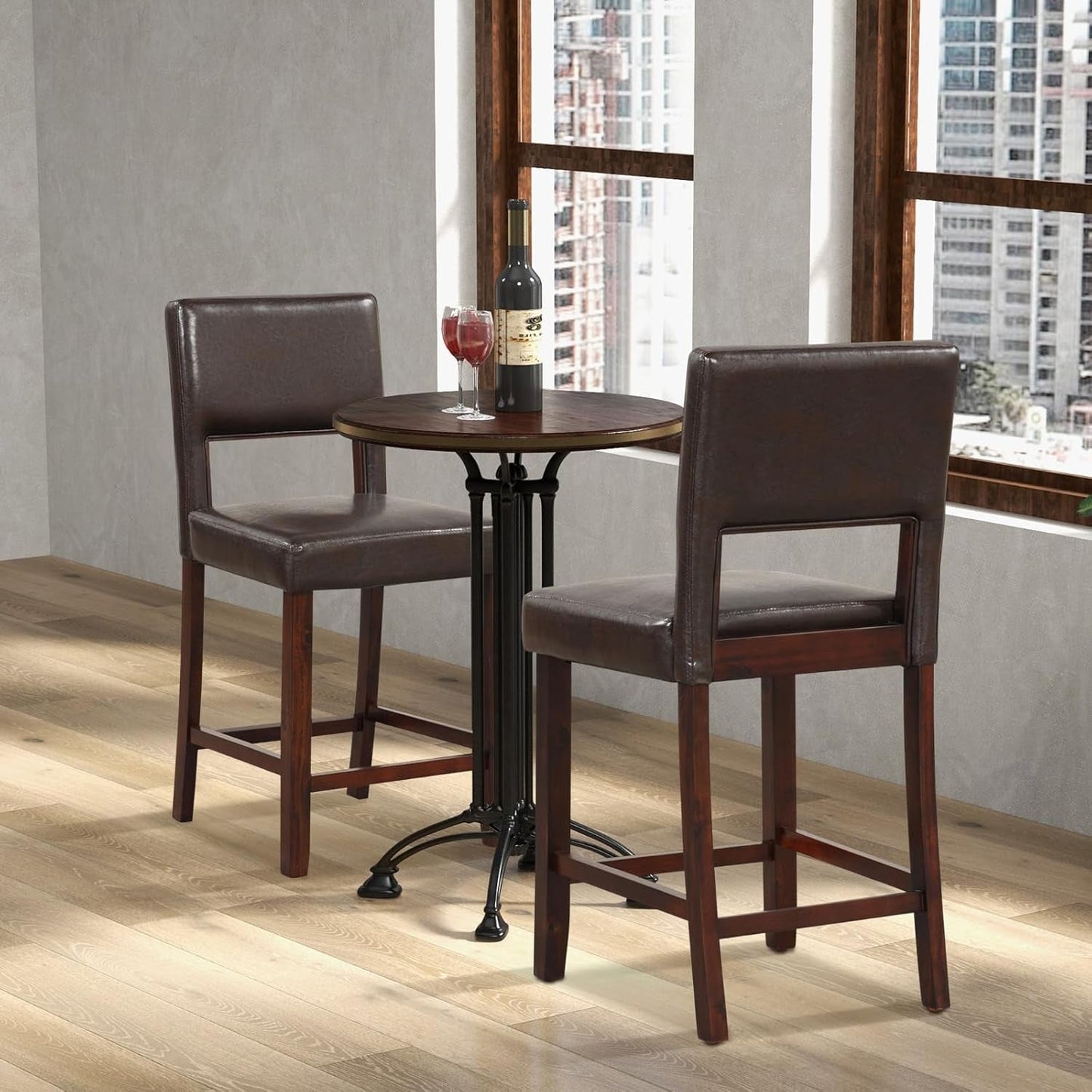 24.5" Counter Height Bar Stools Set of 2, PVC Leather Barstools with Back, Rubber Wood Legs, Max Load 400 Lbs, Modern Upholstered Bar Dining Chairs for Kitchen Island Pub, Brown-1