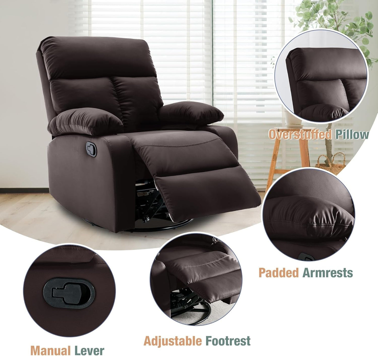Swivel Rocker Recliner, Small Rocking Recliners Chair for Small Spaces, Small Rocker Recliner Chair for Living Room, RV, Bedroom, Nursery, Brown-1