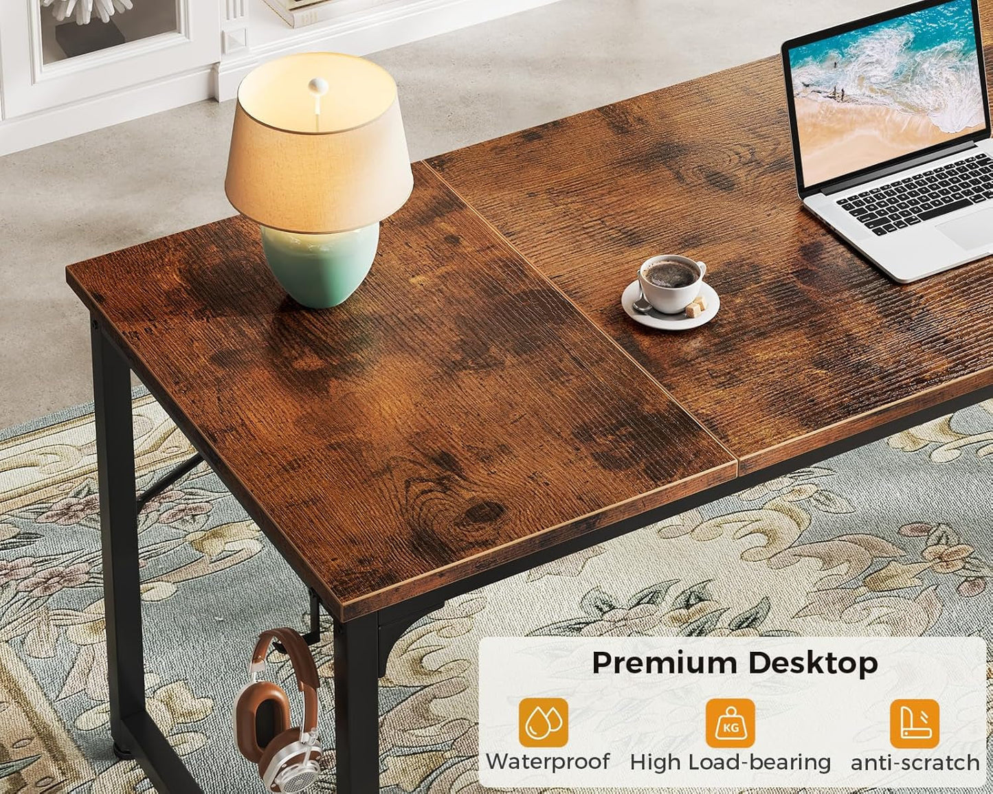Computer Desk Large Office Desk, 63 Inch Gaming Desk with Storage, Modern PC Desk Work Table with Headphone Hook for Home Office, Splice Board, Rustic Brown-4
