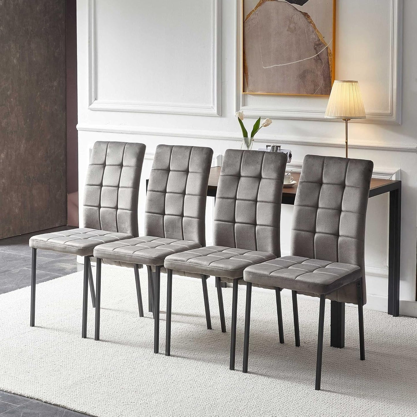 Upholstered Velvet Dining Chairs Classic Kitchen High Back Chairs Set of 4, Featured Dovetail Tufted Side Chairs, Black Metal Legs, Grey-2